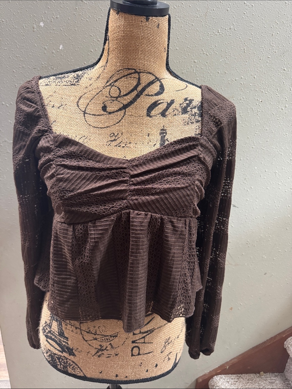 Women's Chocolate Brown Ruched Peplum Long-Sleeve Top